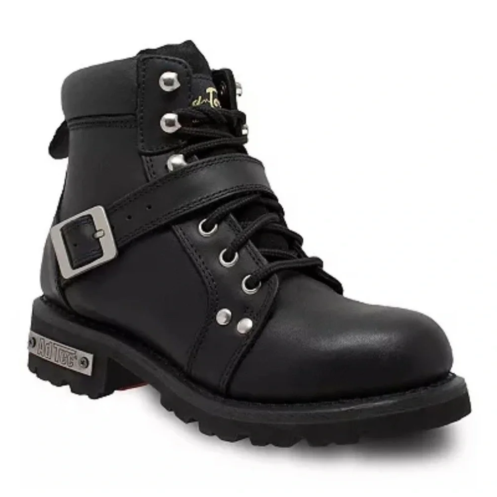Ride Tecs Mens Black Leather Motorcycle Boots Lace Up Side Zip Lug Sole size 6
